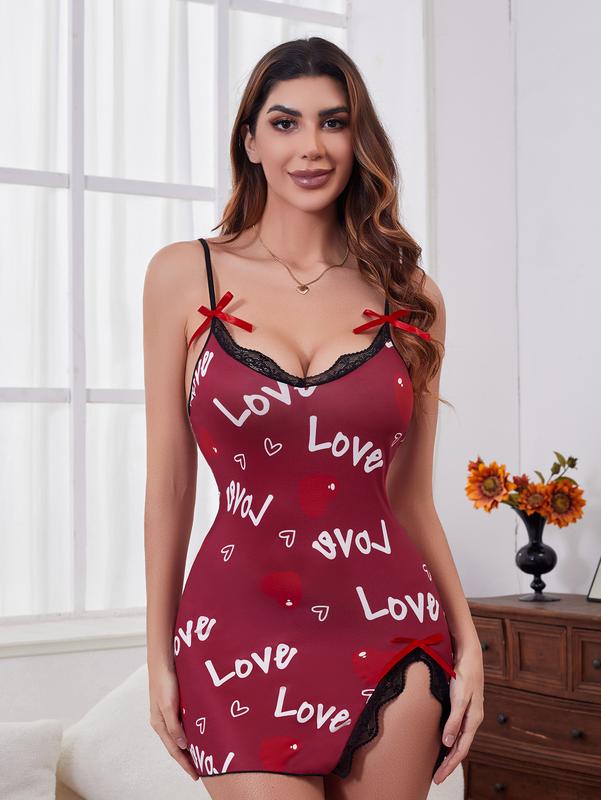 Chic Heart Print Bow Split Strapless Nightgown for Women long sleeve lapel comfort sleep sleep dress night gown Women's Lace Sheer Lace Split Thigh Nightdress Lace Adjustable Chemise Sleepwear Sexy V-Neck Lace-Up Nightdress lacetrim  sleep