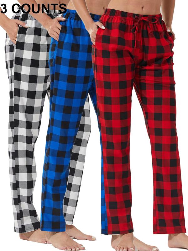 Women's Plaid Print Tie Front Elastic Waist Lounge Pants, Casual Comfy Pocket Trousers for Daily Wear, Ladies Sleepwear for All Seasons