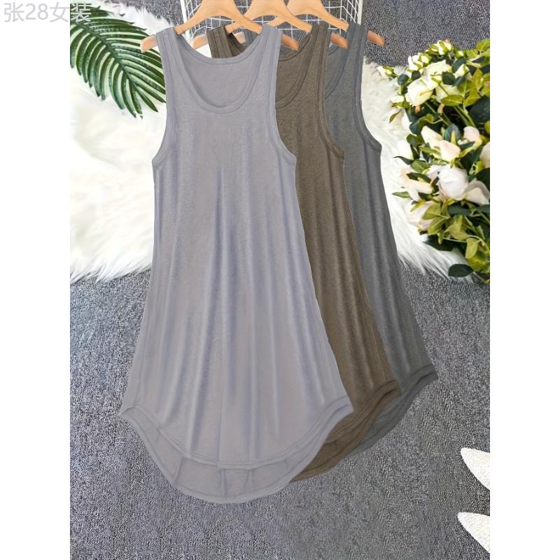 3 Pack Plus Size Basic Lounge Dress Set, Women's Plus Solid Round Neck Plain Tank Sleep Dress 3 Piece Set Fabric Polyester