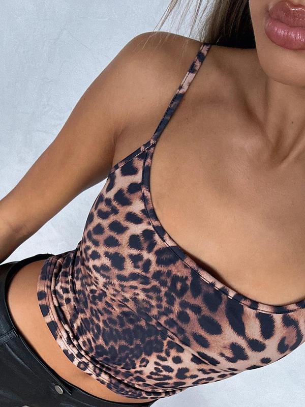 Women's Leopard Print Adjustable Strap Crop Cami Top, Fashion Casual Scoop Neck Sleeveless Top for Daily Outdoor Wear, Ladies Clothes for All Seasons