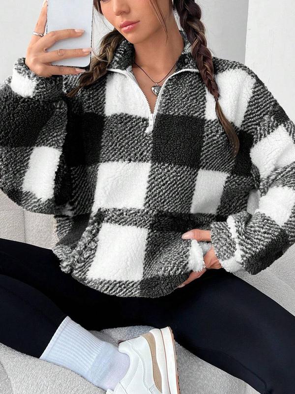 Women's Plaid Print Half Zip Drop Shoulder Fleece Sweatshirt, Casual Long Sleeve Stand Collar Pullover for Spring & Fall, Ladies Clothes for Daily Wear