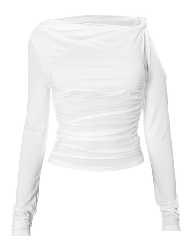 Women's Plain Ruched Asymmetrical Neck Tee, Casual Long Sleeve T-Shirt for Spring & Fall, Women's Clothing for Daily Wear