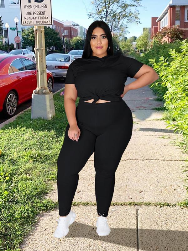 Plus Size Two-Piece Set Solid Short Sleeve Tee & High Waist Skinny Pants Set, Casual Round Neck T-shirt & Elastic Waist Leggings for Daily Wear, Women's Plus Size Outfits for Summer