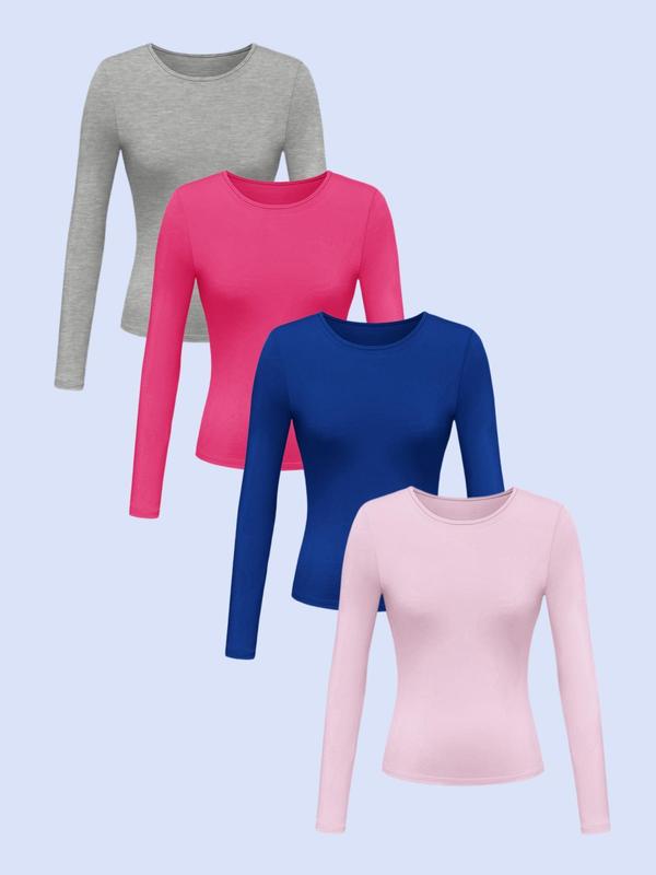 Women's Solid Color Simple Minimalist Long Sleeve Round Neck Tee, Casual Crew Neck T-Shirt for Spring & Fall, Back-to-School Clothing, Fashion Women's Top for Daily Wear, Fall Outfits, Fallfreshness, Downtown Girl Clothes, Going out Tops 2000s