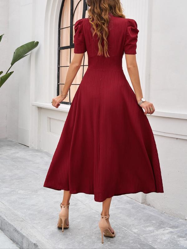 Women's Plain Ruched Puff Sleeve V Neck A Line Dress, Elegant Short Sleeve Zipper Back Long Dress for Party Holiday Wedding Guest, Ladies Clothes for Summer