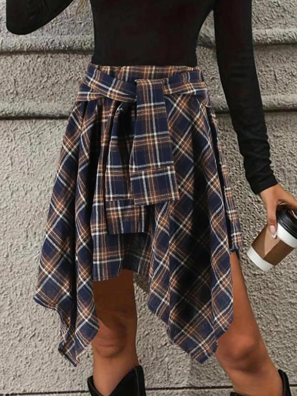 Women's Fashion Multicolor Plaid Print Asymmetrical Hem High Waist Skirt, Casual Comfort Elastic Waist Tiered Layer Knee Length Skirt for Summer Going Out Streetwear, Galentine's Ideas Gift, Womenswear Bottom, Fall Outfit Utah Girl Fits, Fall Outfits