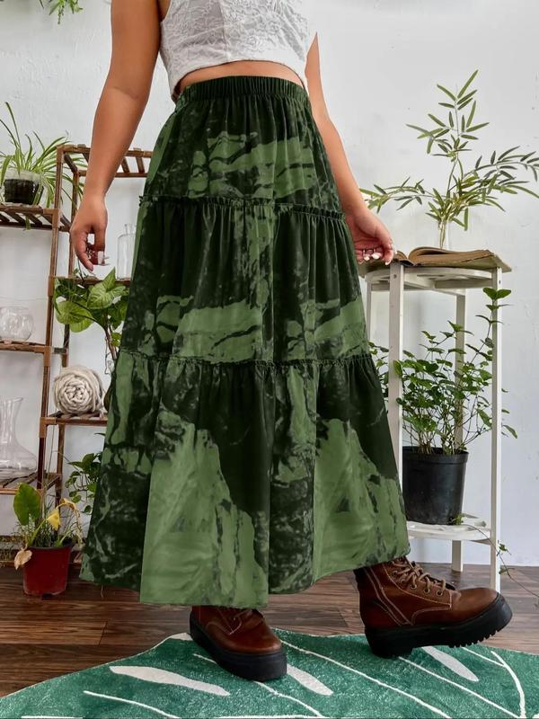 Plus Size All Over Print Frill Trim Ruffle Hem A Line Skirt, Elegant High Waist Long Skirt for Vacation Daily Wear, Women's Bottoms for Summer