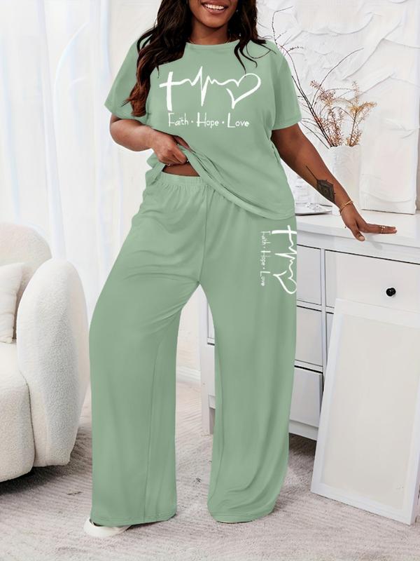  Two-piece Set Letter Print Tee & Pants, Casual Round Neck Short Sleeve T-shirt & Trousers, Women's Summer Clothes for Daily Wear