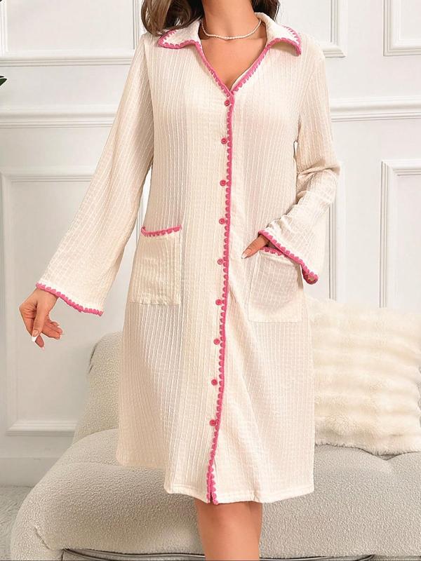 Women's Contrast Binding Button Front Pocket Nightdress, Casual Collared Flounce Sleeve Nightgown, Ladies Sleepwear for Spring & Fall