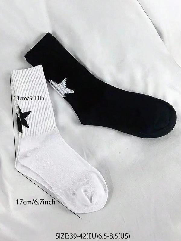 Women's 2 Pairs Black & White Star Print Crew Socks, Fashion Casual Breathable Comfort Mid-Calf Socks for Daily Outdoor Wear, Lady Socks for All Seasons, Womenswear