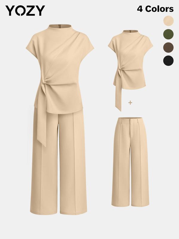 YOZY Christmas Deals, Plain Ruched Knot Front Top & Wide Leg Pants Set  Elegant Mock Neck Short Sleeve Top & Straight Leg Trousers, Women's Summer Outfits for Daily & Work Wear, Christmas 2024 Trend, Fall & Winter Outfits