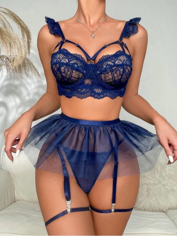 Women's Lace Sexy Lingerie Three-piece Set, Solid Color Cut Out Bra & Thong & Garter Belt with Thigh Ring, Lingerie Set for Women