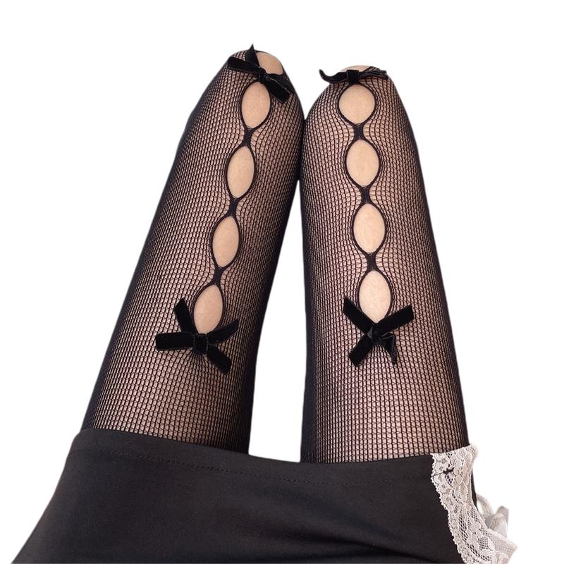 Sweet Velvet Bow Tights Pantyhose JK Lolita Girls Tights Women Lingerie Sexy Hollow Out Mesh Fishnet Thigh High Stockings Tights