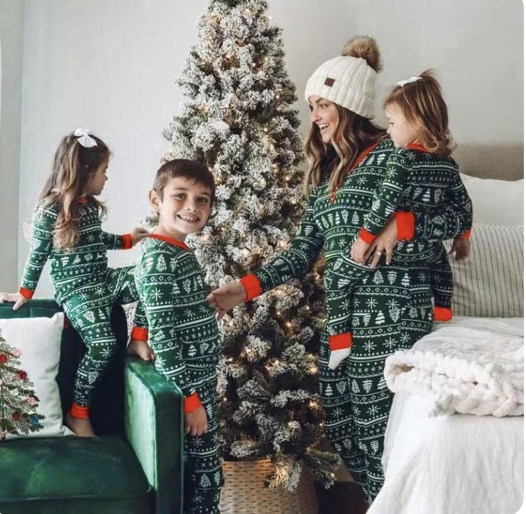 Winter 2024 Mom Daughter Dad Son Matching Pajamas- Green and Red Christmas Tree Pajamas- Family Christmas PJS family costume