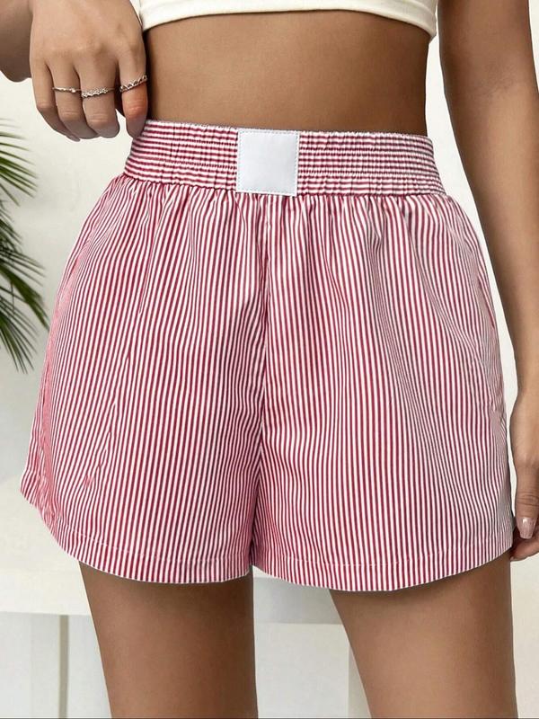 Women's Striped Print Elastic Waist Wide Leg Shorts, Casual High Waist Patched Shorts for Summer, Ladies Bottoms for Daily Wear