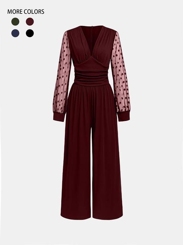 Women's Polka Dot Patchwork Print Contrast Lace Ruched Wide Leg Jumpsuit, Elegant Long Sleeve V Neck Jumpsuit for Party Holiday, Ladies Clothes for All Seasons