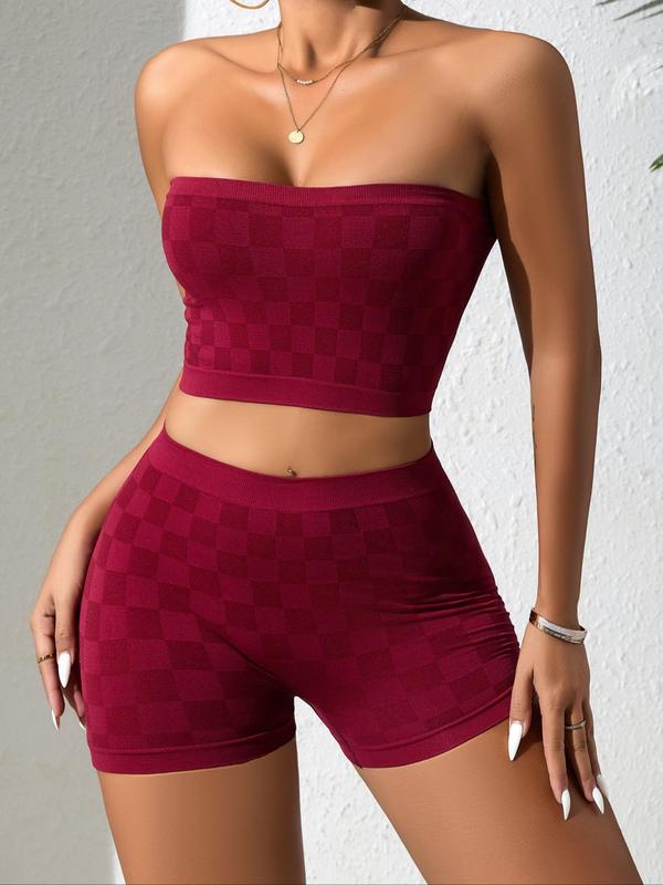 Two-Piece Set Women's Plaid Print Bandeau Bra & High Waist Boyshorts Set, Casual Comfy Breathable Two-piece Lingerie Set for Daily Wear, Underwear Set for Women