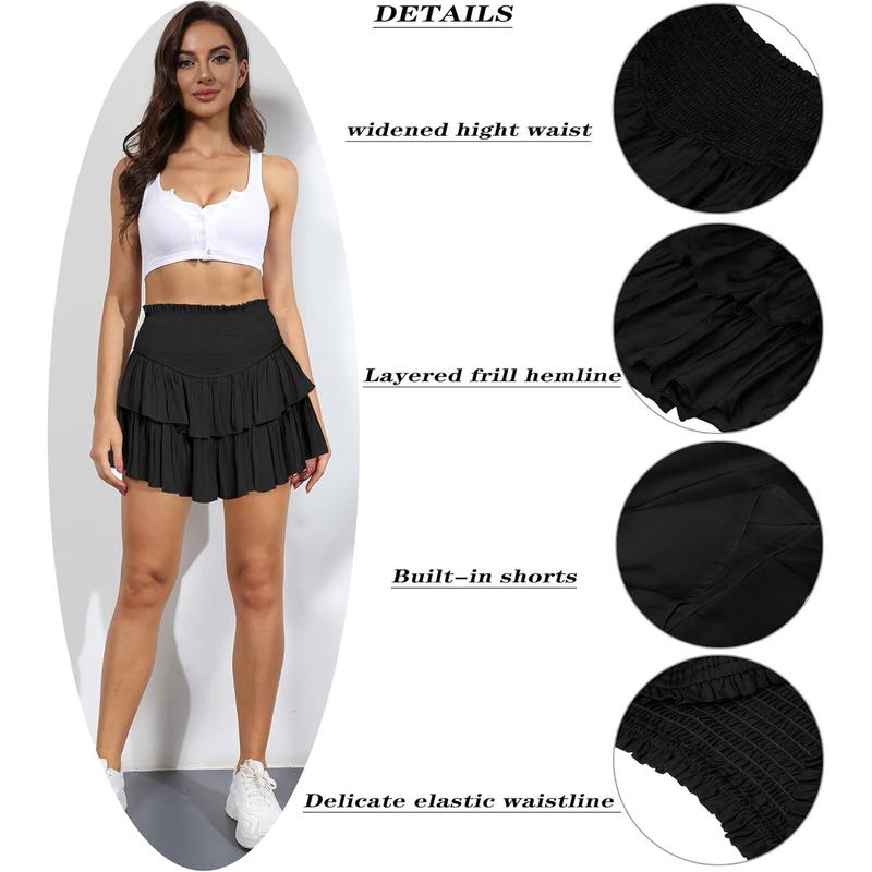 Women's High Waist Ruffle Flowy Mini Skirts Stretchy Waist Solid Lined Pleated Casual Beach Short Skirt