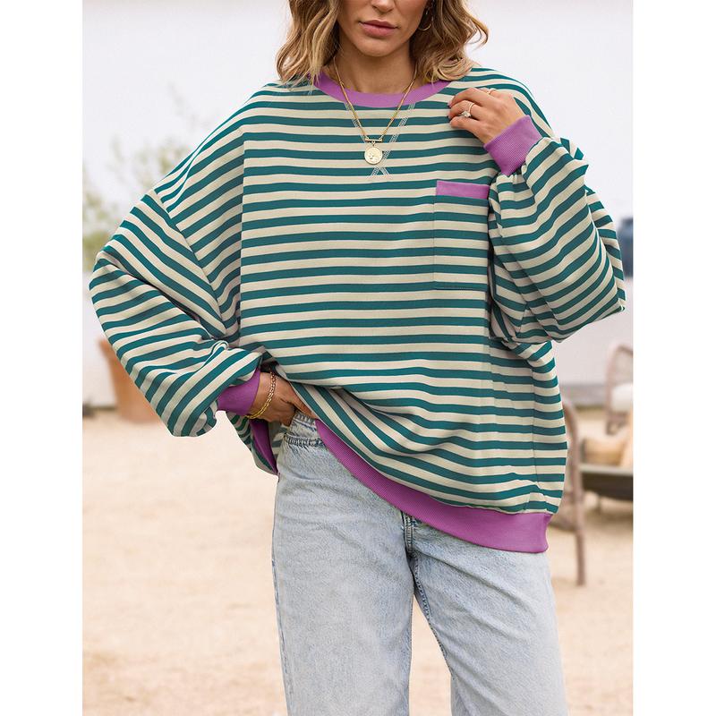 Christmas Womens Oversized Striped Sweatshirt Crewneck Loose Pullover Longsleeve Casual Tops Cute Womenswear Pocket Comfort Baggy Style