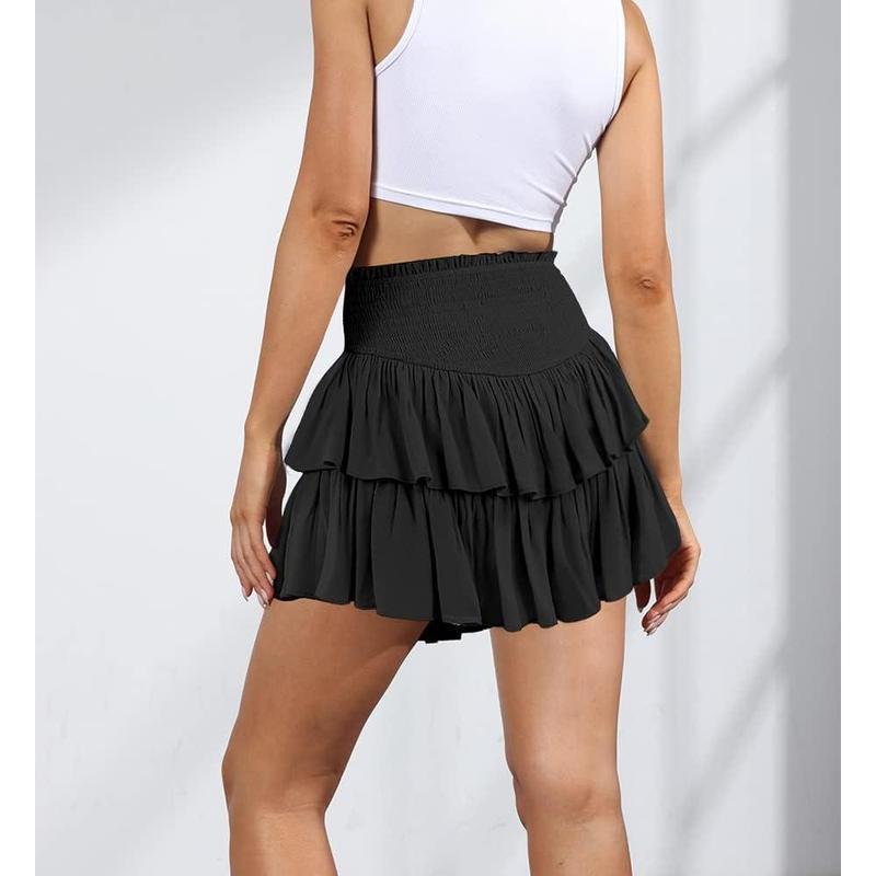 Women's High Waist Ruffle Flowy Mini Skirts Stretchy Waist Solid Lined Pleated Casual Beach Short Skirt