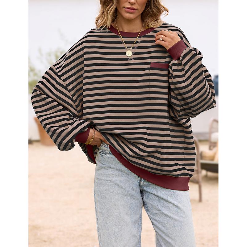 Christmas Womens Oversized Striped Sweatshirt Crewneck Loose Pullover Longsleeve Casual Tops Cute Womenswear Pocket Comfort Baggy Style