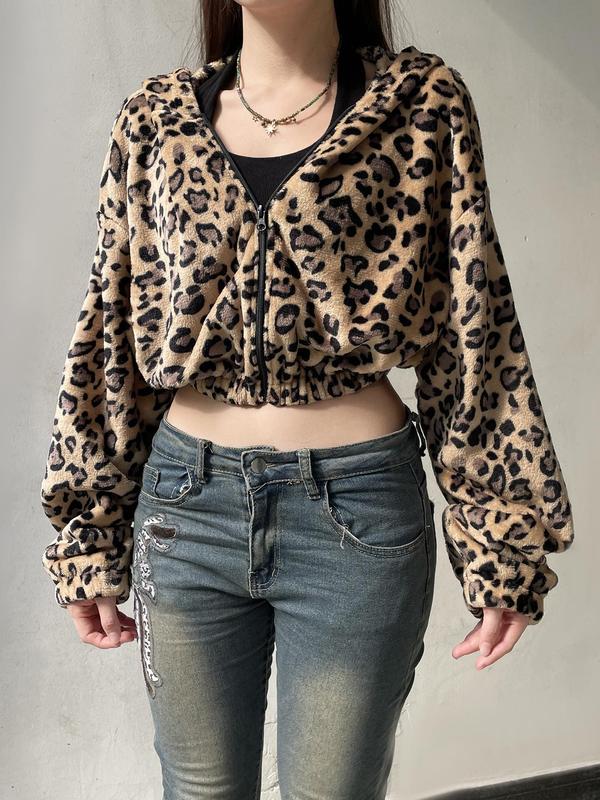 Women's All Over Leopard Print Zip Up Crop Fuzzy Jacket, Casual Long Sleeve Zip Front Outerwear for Fall & Winter,  Winter Clothes Women, Women's Clothes for Daily Wear