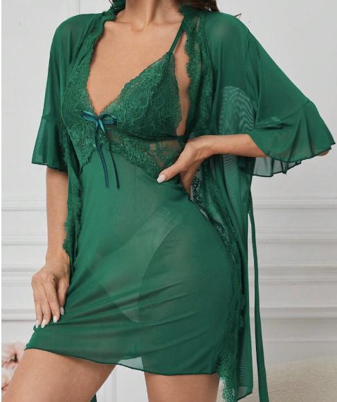 Lace Panel Flounce Sleeve Belted Mesh Robe & Cami Dress Pajama Set Without Lingerie Set VIRAL CUTE Loungewear Nightwear