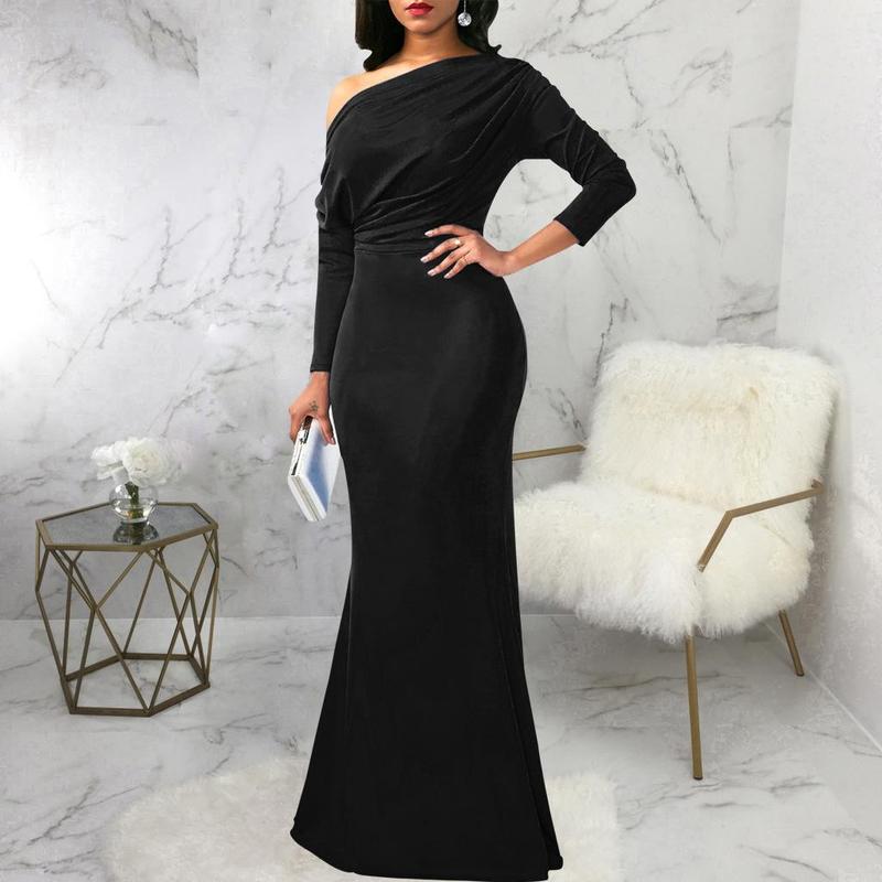 Elegant Off-Shoulder Evening Gown - Available in Black, White, Red, Blue, Wine Red, and Purple | Long Sleeve and Short Sleeve Options Comfort Formal