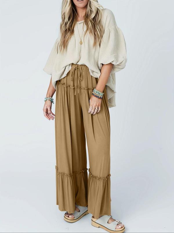 Women's Plain Frill Trim Drawstring Waist Wide Leg Pants, Casual Ruffle Bell Bottom Trousers for Spring & Fall, Women's Bottoms for Daily Wear