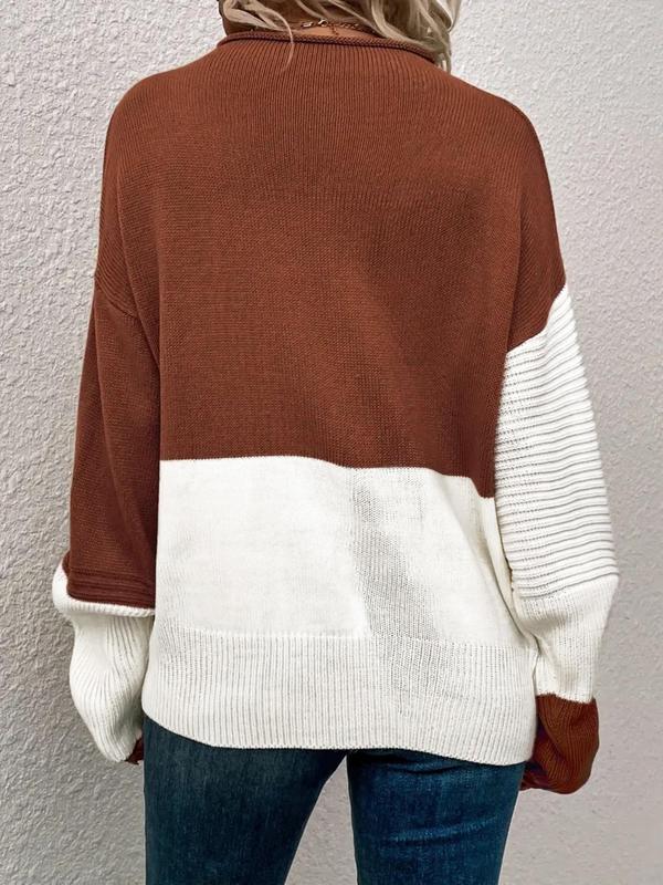 Women's Colorblock Drop Shoulder Sweater, Casual Long Sleeve Round Neck Jumper for Fall & Winter, Fashion Ladies' Knitwear for Daily Wear