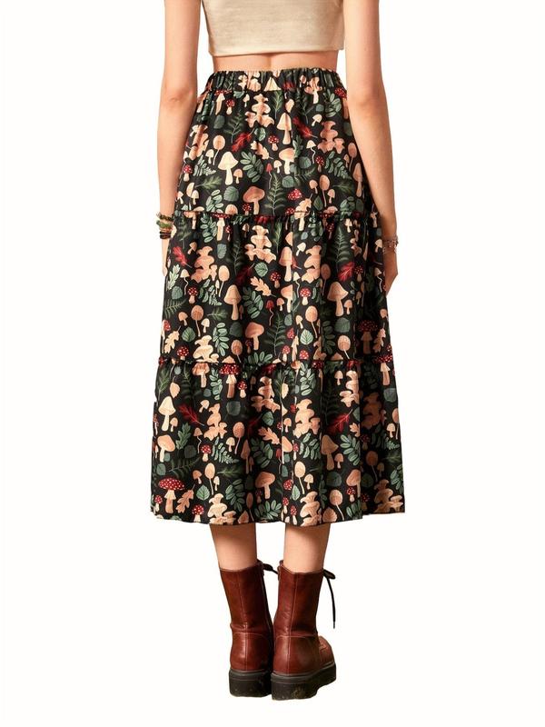 Women's Mushroom & Leaf Print Ruffle Hem A Line Skirt, Casual Elastic Waist Midi Skirt for Spring & Fall, Women's Bottoms for Daily Wear