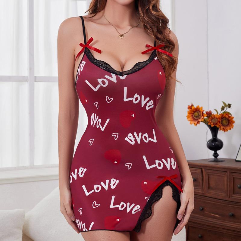 Chic Heart Print Bow Split Strapless Nightgown for Women long sleeve lapel comfort sleep sleep dress night gown Women's Lace Sheer Lace Split Thigh Nightdress Lace Adjustable Chemise Sleepwear Sexy V-Neck Lace-Up Nightdress lacetrim  sleep