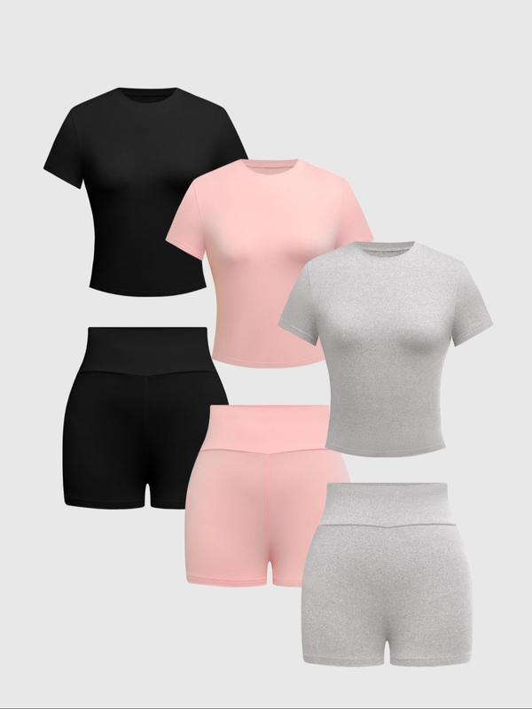 Fall Women's Solid Round Neck Tee & Skinny Shorts Set, Casual Short Sleeve T-shirt & Short Leggings, Ladies Summer Clothes