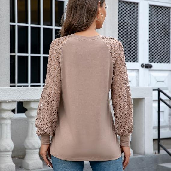 Women's Contrast Lace Long Sleeve Half Button Knit Top, Casual Round Neck Knitwear for Spring & Fall, Chic Knitting Tops, Women's Knit Clothing for Daily Wear Womenswear Underwear