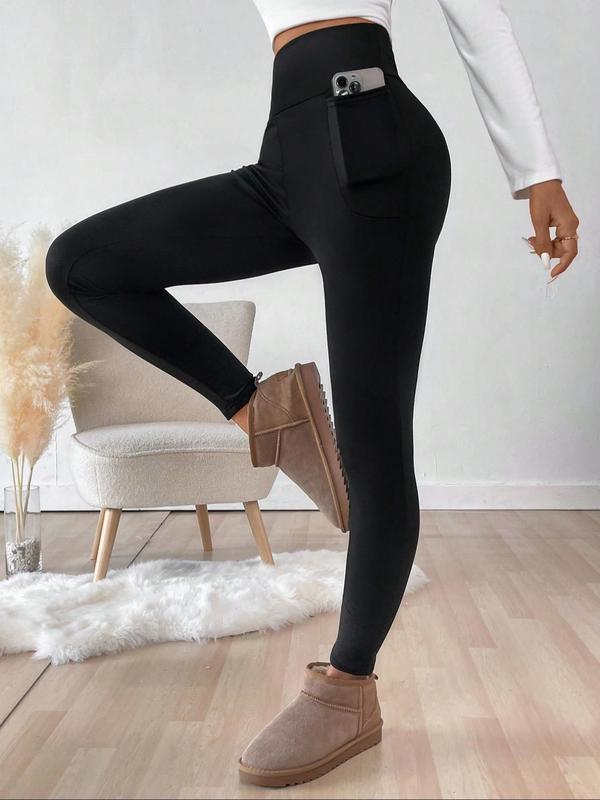 Women's Solid High Waist Pocket Leggings, Casual Comfy Warm Skinny Pants for Daily Wear, Ladies Bottoms for Fall & Winter