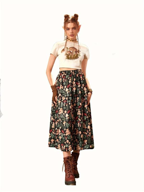 Women's Mushroom & Leaf Print Ruffle Hem A Line Skirt, Casual Elastic Waist Midi Skirt for Spring & Fall, Women's Bottoms for Daily Wear