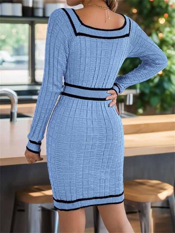 Women's Contrast Binding Fake Buttons Sweater Dress, Elegant Square Neck Long Sleeve Knit Dress for Fall & Winter, Women's Clothing for Daily Wear