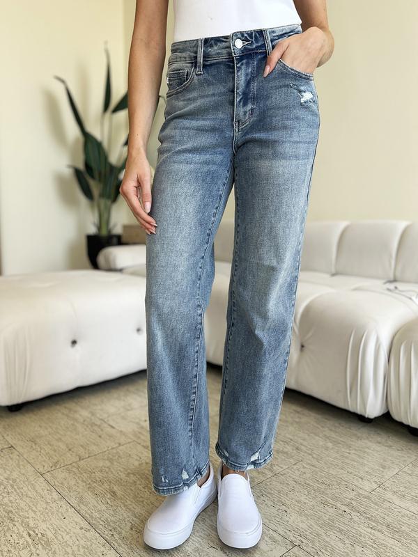 Judy Blue Full Size Mid Rise Distressed Straight Jeans Judy Blue Boyfriend Jeans