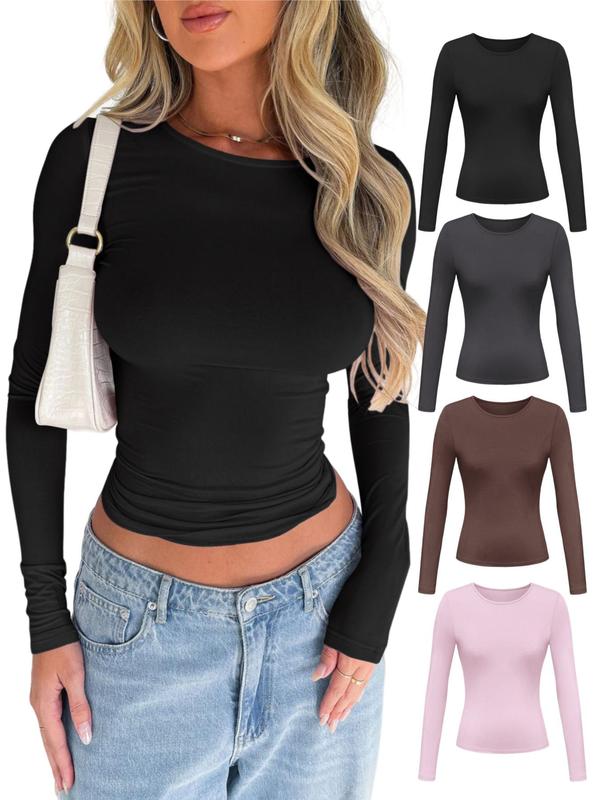 Women's Solid Color Simple Minimalist Long Sleeve Round Neck Tee, Casual Crew Neck T-Shirt for Spring & Fall, Back-to-School Clothing, Fashion Women's Top for Daily Wear, Fall Outfits, Fallfreshness, Downtown Girl Clothes, Going out Tops 2000s