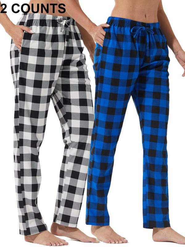 Women's Plaid Print Tie Front Elastic Waist Lounge Pants, Casual Comfy Pocket Trousers for Daily Wear, Ladies Sleepwear for All Seasons