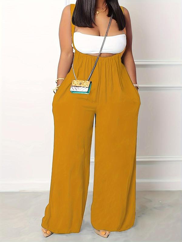 Women's Plain Pocket Drawstring Waist Wide Leg Suspender Pants, Casual Comfy High Waist Straight Leg Trousers for Fall, Baggys Pants, Pants for Women, Back To School Outfits, Fashion Women's Bottoms for Daily Wear