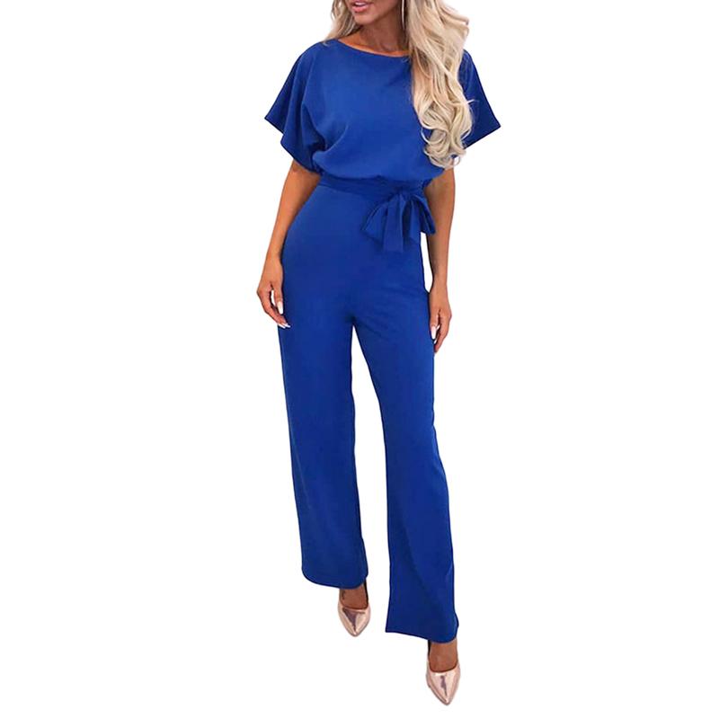 Women Jumpsuit, Elegant Short Sleeve Hollowed Waist Tie Solid Summer Wide Leg Pants Womenswear Belt Light Overalls