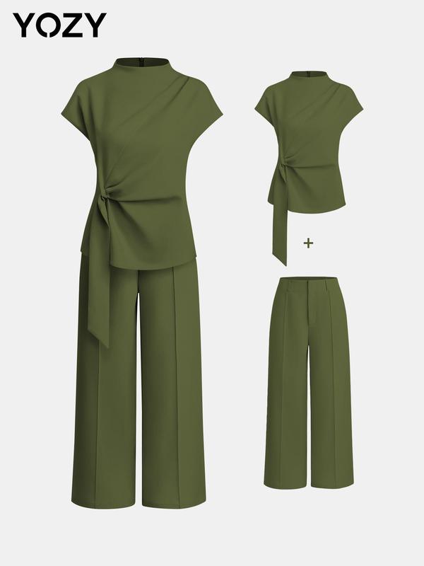 YOZY Christmas Deals, Plain Ruched Knot Front Top & Wide Leg Pants Set  Elegant Mock Neck Short Sleeve Top & Straight Leg Trousers, Women's Summer Outfits for Daily & Work Wear, Christmas 2024 Trend, Fall & Winter Outfits