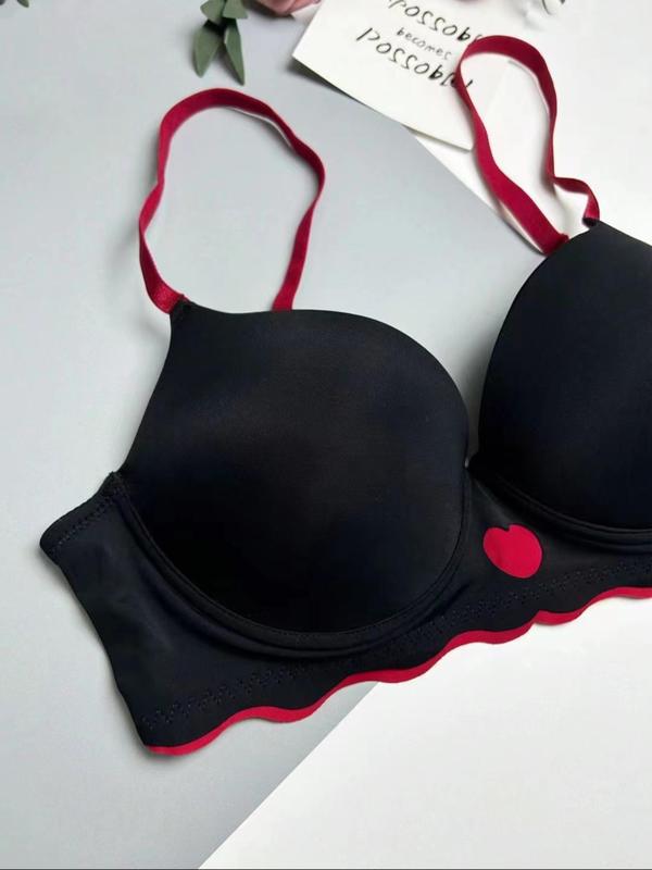 Women's Colorblock Heart Print Underwire Push Up Bra, Casual Comfortable Adjustable Strap Scallop Trim Bra, Women's Lingerie for All Seasons