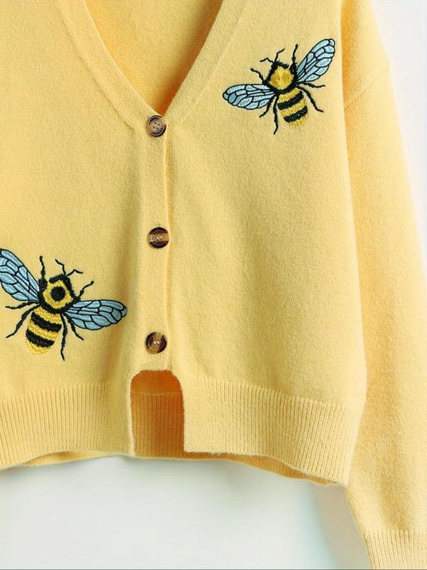 Women's Bee Embroidery Button Front Cardigan, Casual Drop Shoulder Long Sleeve V Neck Knitwear for Spring & Fall, Fashion Women's Knit Clothing for Daily Wear