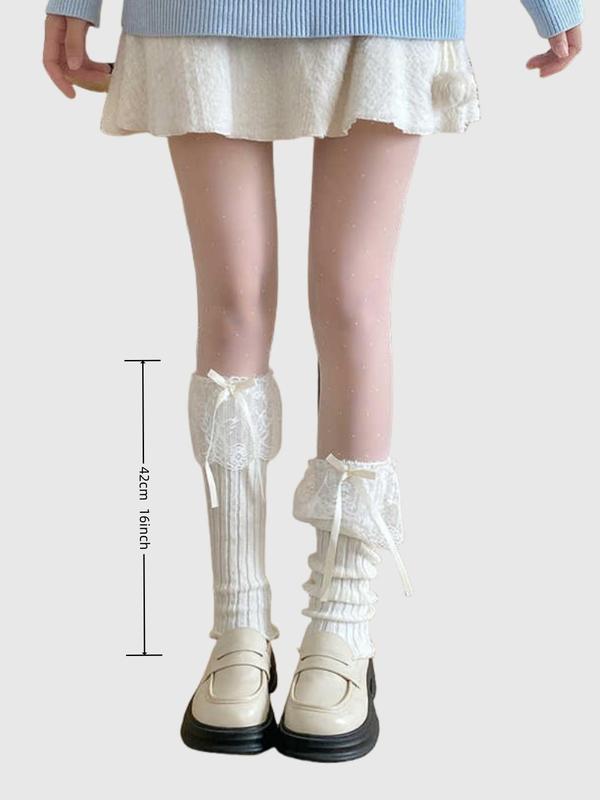 Women's Bow Front Contrast Lace Leg Warmers, Cute Over The Calf Socks for Daily Wear, Women's Socks for All Seasons