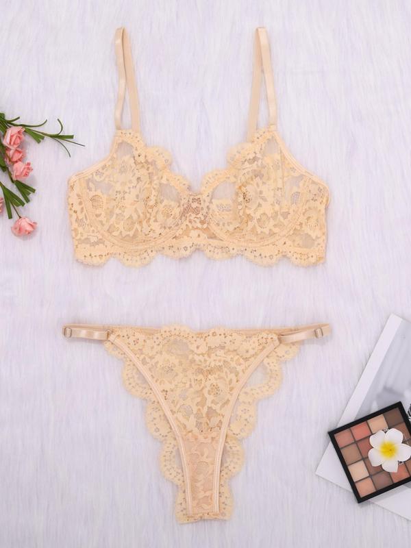 Women's Solid Sheer Lace Bra & Thong Sexy Lingerie Two-Piece Set, Sexy O-ring Detail Push Up Bra & Panty Set, Lingerie Set for Women