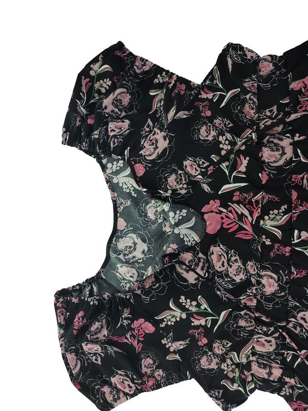  Floral Print Split Thigh Tie Front Vintage Dress, Boho Puff Sleeve Square Neck A Line Dress for Summer, Women's Clothes for Beach Holiday Vacation, Plus Size Fall Clothing