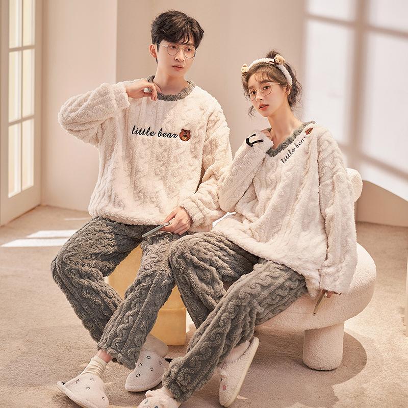 Couple's Blue Velvet Pajamas Winter Thickening Cartoon Men's and Women's Warm and Cute Coral Velvet Home Wear Autumn