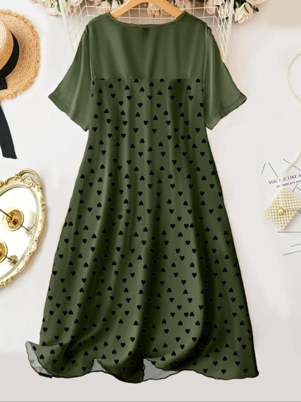  Polka Dot Print Round Neck Loungewear Dress, Casual Soft Comfortable Short Sleeve Midi Dress for Daily Home Wear, Women's Sleepwear for All Seasons